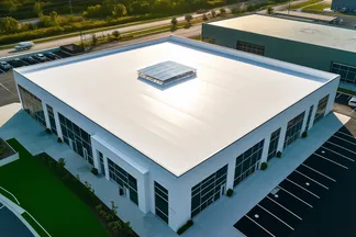 Aerial view of a modern, large white commercial building with a flat roof and central skylight, surrounded by parking spaces and greenery, under clear skies.