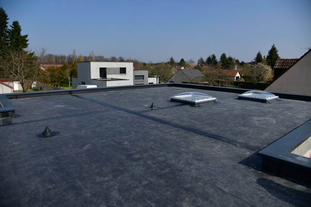 Flat black rubber roof with three dome skylights, surrounded by suburban homes and trees under a clear blue sky. The scene is calm and orderly.